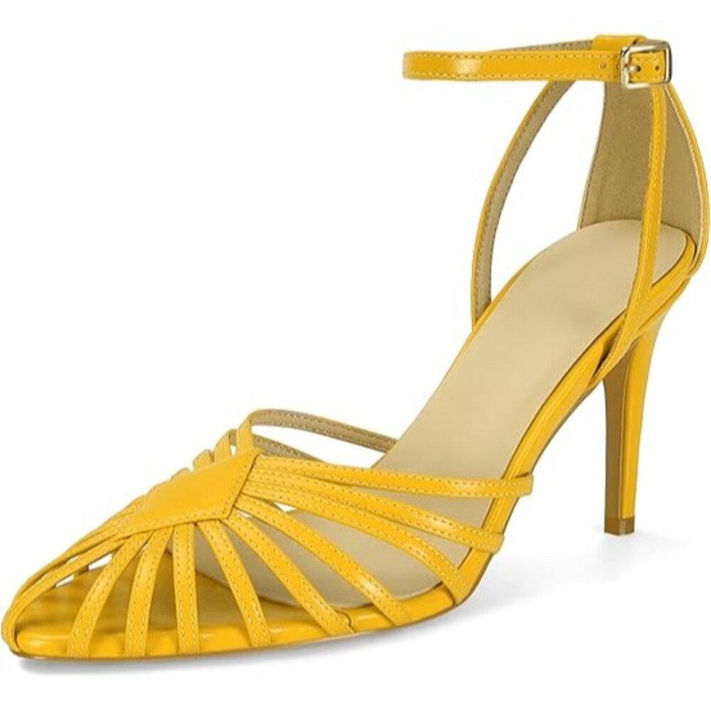 Sovanyou Size 8 Heel Sandals Strappy Cage Design Stiletto Yellow Pointed Toe